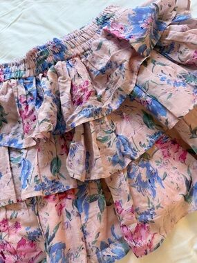 LoveShackFancy Pink and Blue Floral Ruffle Skirt